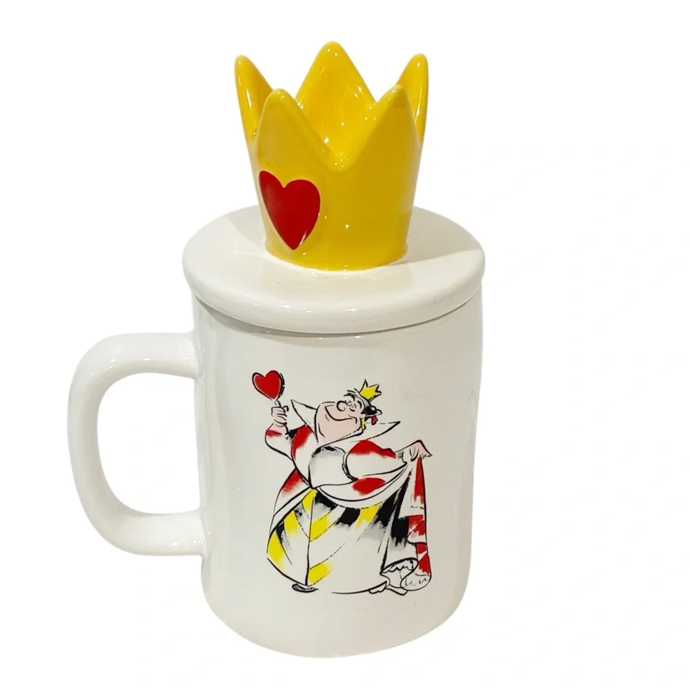 Rae Dunn QUEEN OF HEARTS Mug & Topper Disney Alice in Wonderland 2 Sided